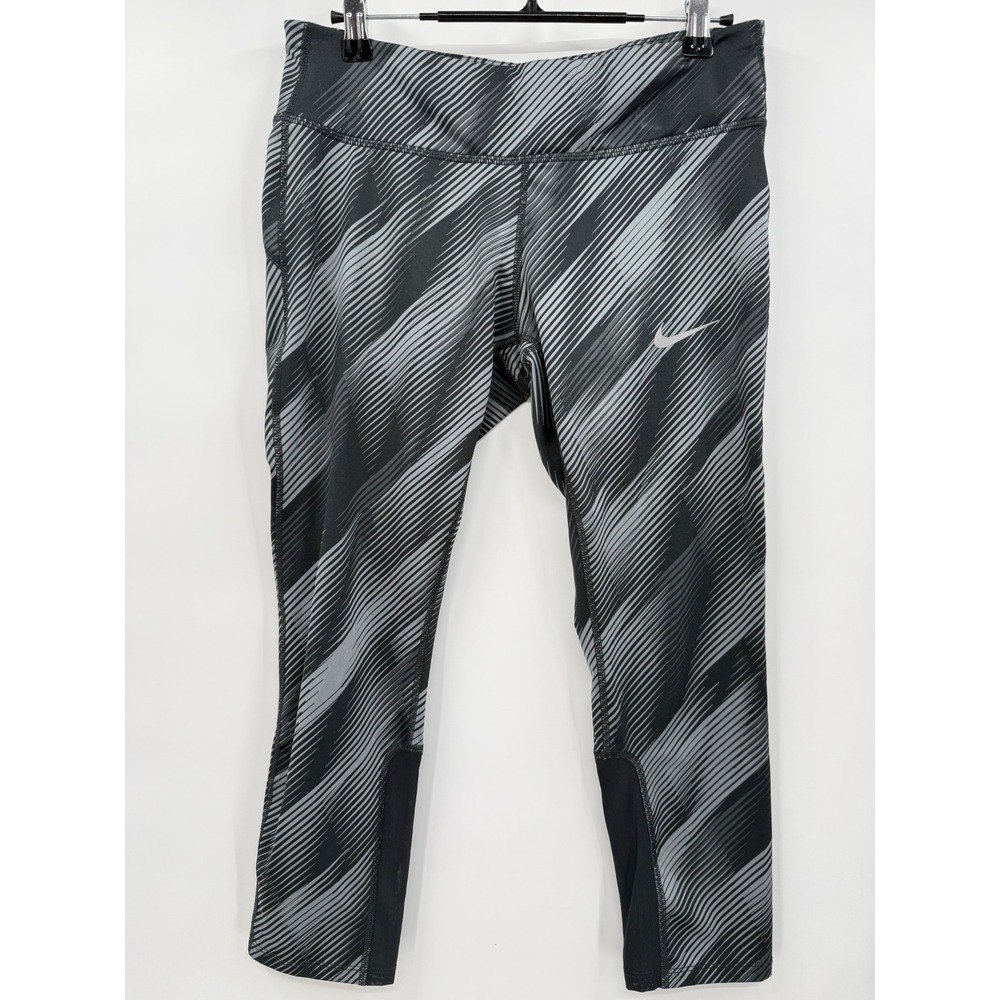 Nike M Running Leggings Womens Medium Grey Black Stripe Dri-FIT Cropped‎ Tights